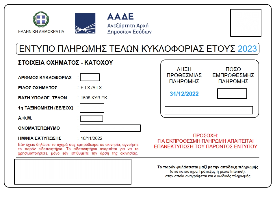 Αναρτήθηκαν σήμερα τα ειδοποιητήρια τελών κυκλοφορίας 2023.